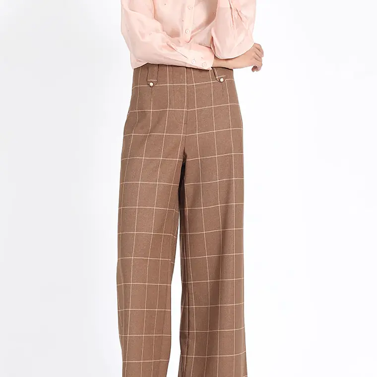 PANTALON ANCHO SIN PRETINA CON PASADORES CUADROS CAFÉ (TALLA 44) 3