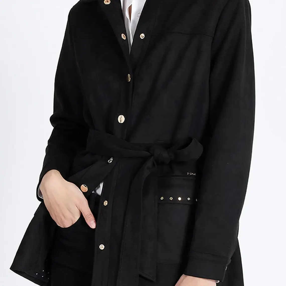 CHAQUETA LARGA DE SUEDE CON LAZO Y FORRO ESTAMPADO NEGRO (TALLA L) 1