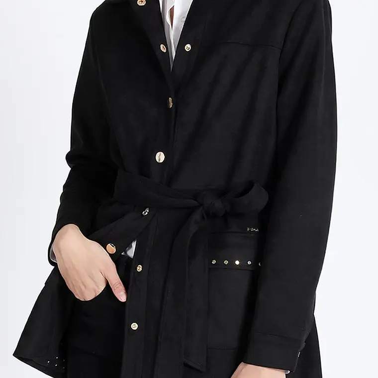 CHAQUETA LARGA DE SUEDE CON LAZO Y FORRO ESTAMPADO NEGRO (TALLA L) 1