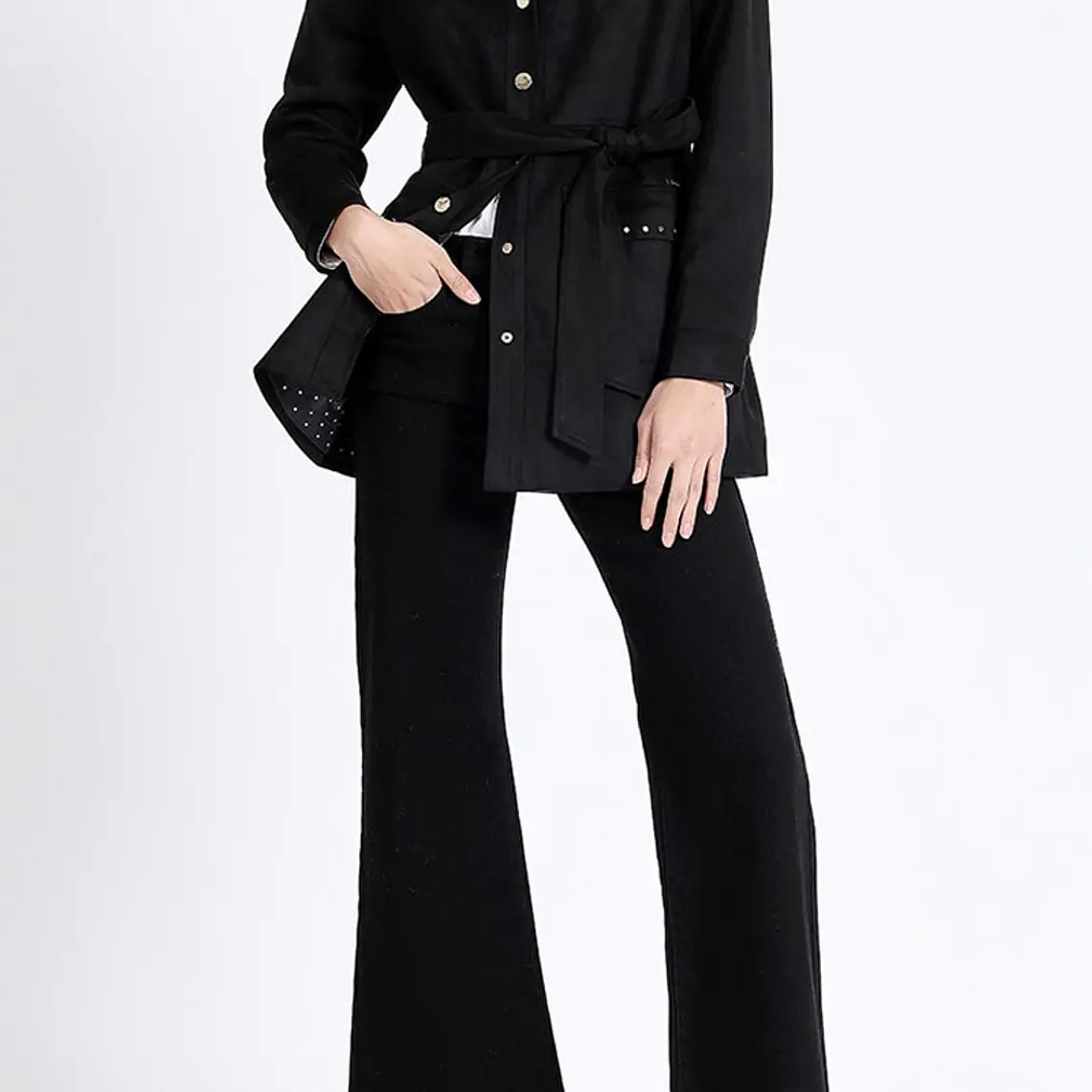 CHAQUETA LARGA DE SUEDE CON LAZO Y FORRO ESTAMPADO NEGRO (TALLA L) 2