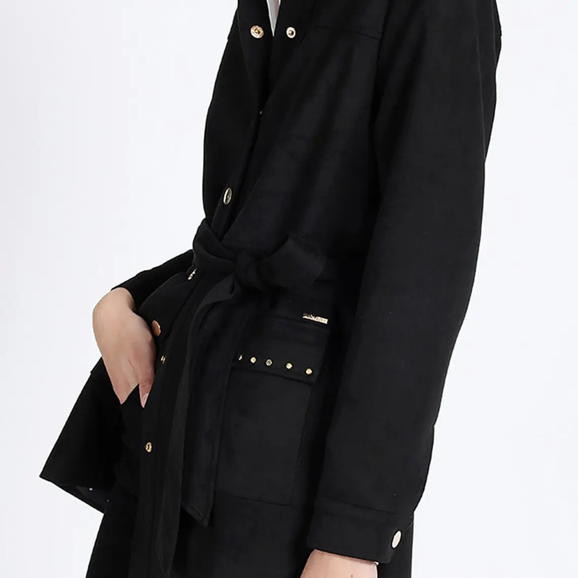 CHAQUETA LARGA DE SUEDE CON LAZO Y FORRO ESTAMPADO NEGRO (TALLA L) 3