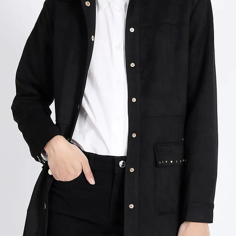 CHAQUETA LARGA DE SUEDE CON LAZO Y FORRO ESTAMPADO NEGRO (TALLA L) 5