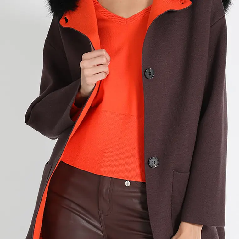 CHAQUETÓN RECTO TEJIDO CON CAPUCHÓN PIEL CHOCOLATE (TALLAS M a XL) 2