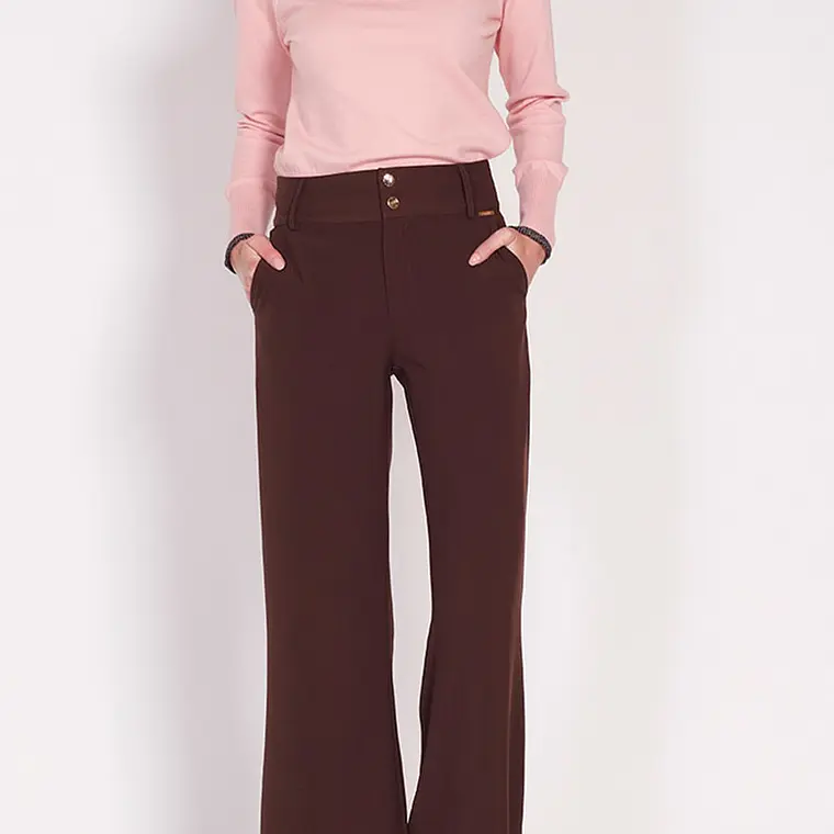 PANTALON RECTO POLIESTER SPANDEX CHOCOLATE CON BOTONES CIERRE Y PRETINA (TALLA 40) 1