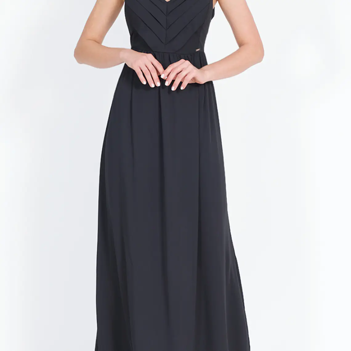 VESTIDO LARGO GASA NEGRO  ESCOTE EN V 4