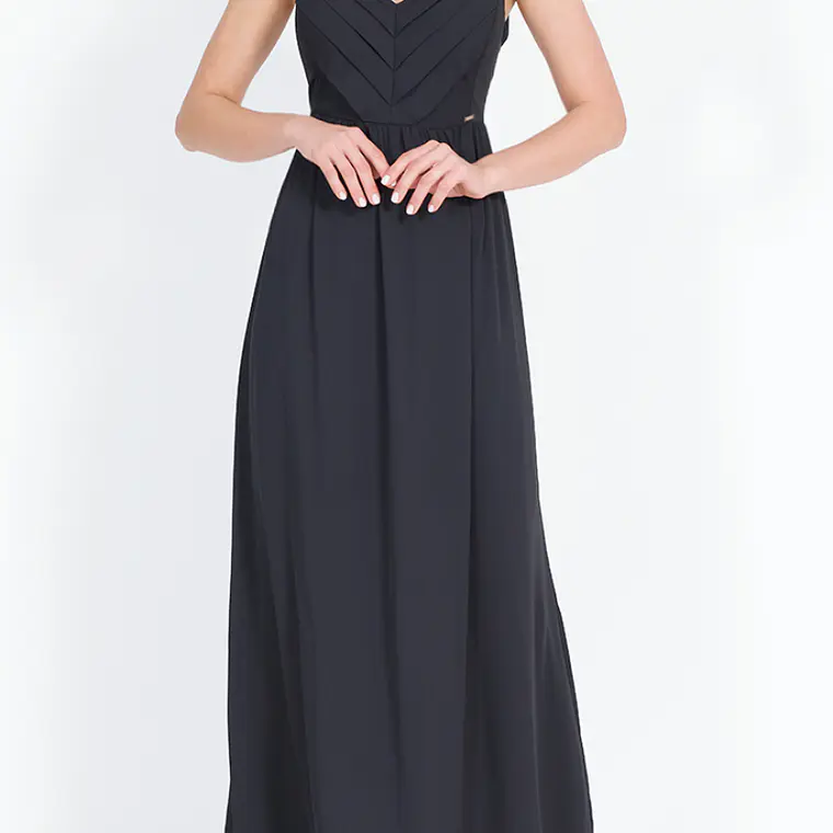 VESTIDO LARGO GASA NEGRO  ESCOTE EN V 4