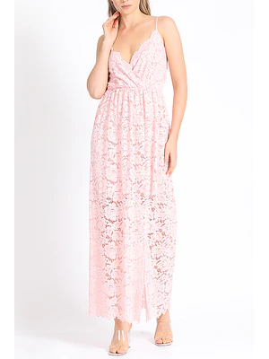 VESTIDO LARGO CON PABILOS ESCOTE CRUZADO ENCAJE ROSA (TALLAS S a L)