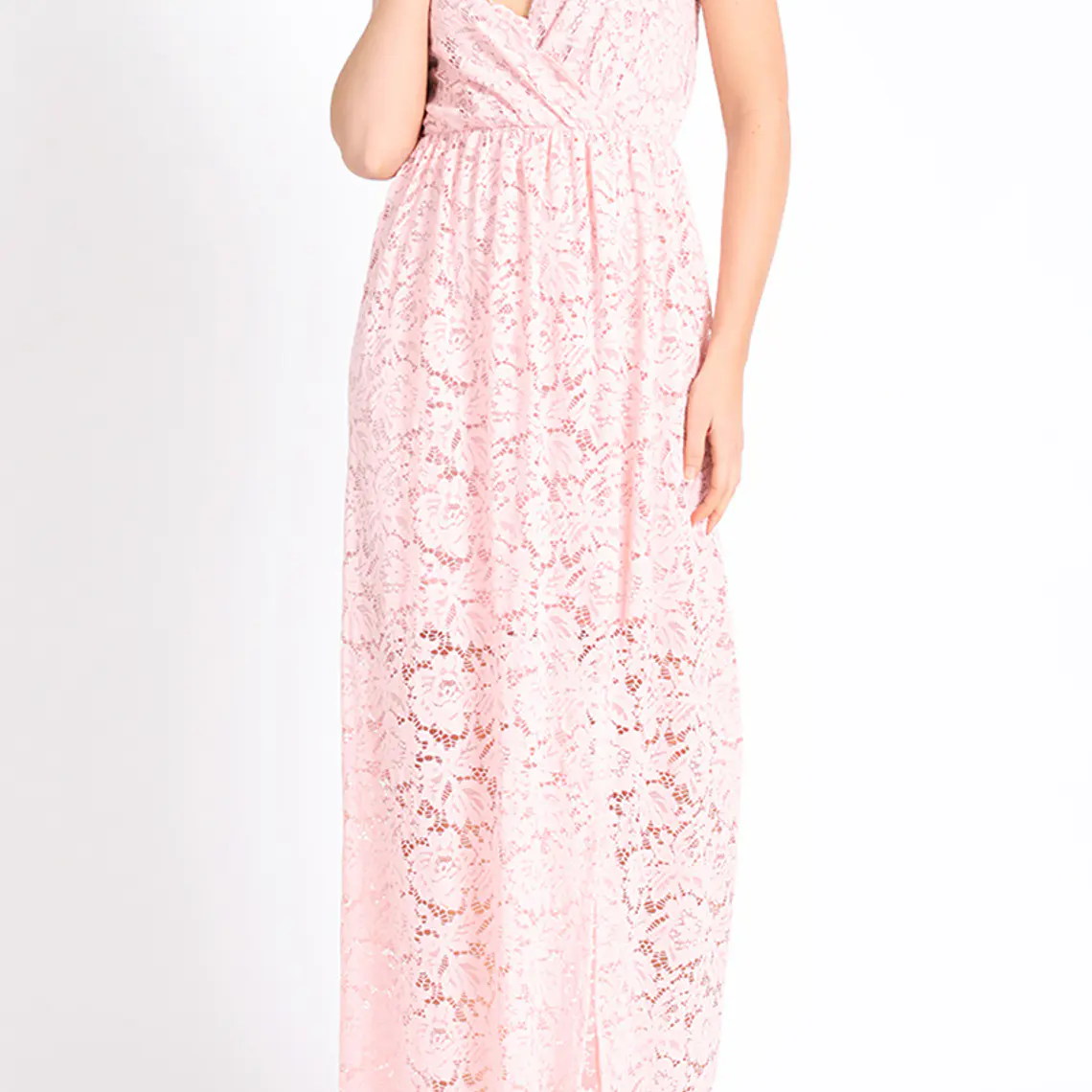 VESTIDO LARGO CON PABILOS ESCOTE CRUZADO ENCAJE ROSA 2