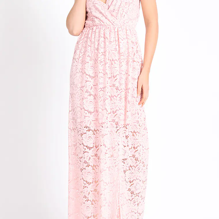 VESTIDO LARGO CON PABILOS ESCOTE CRUZADO ENCAJE ROSA 2