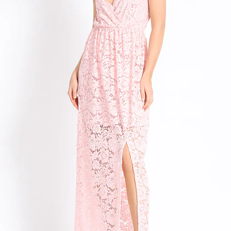 VESTIDO LARGO CON PABILOS ESCOTE CRUZADO ENCAJE ROSA 3