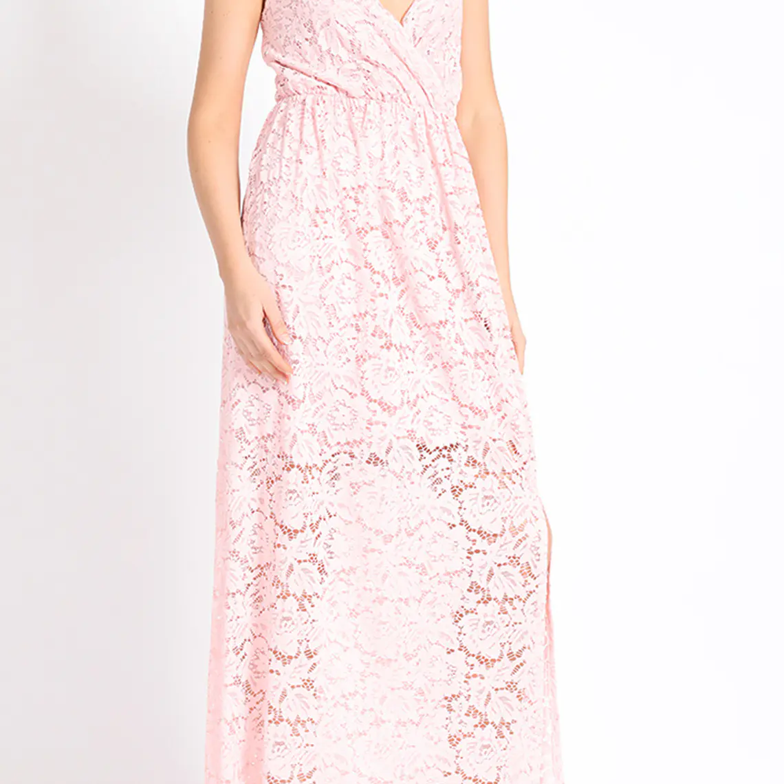 VESTIDO LARGO CON PABILOS ESCOTE CRUZADO ENCAJE ROSA 4