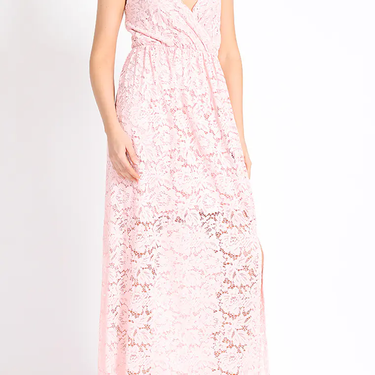 VESTIDO LARGO CON PABILOS ESCOTE CRUZADO ENCAJE ROSA 4