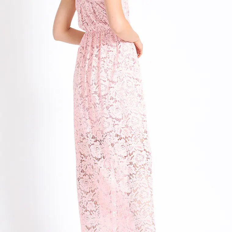 VESTIDO LARGO CON PABILOS ESCOTE CRUZADO ENCAJE ROSA 5