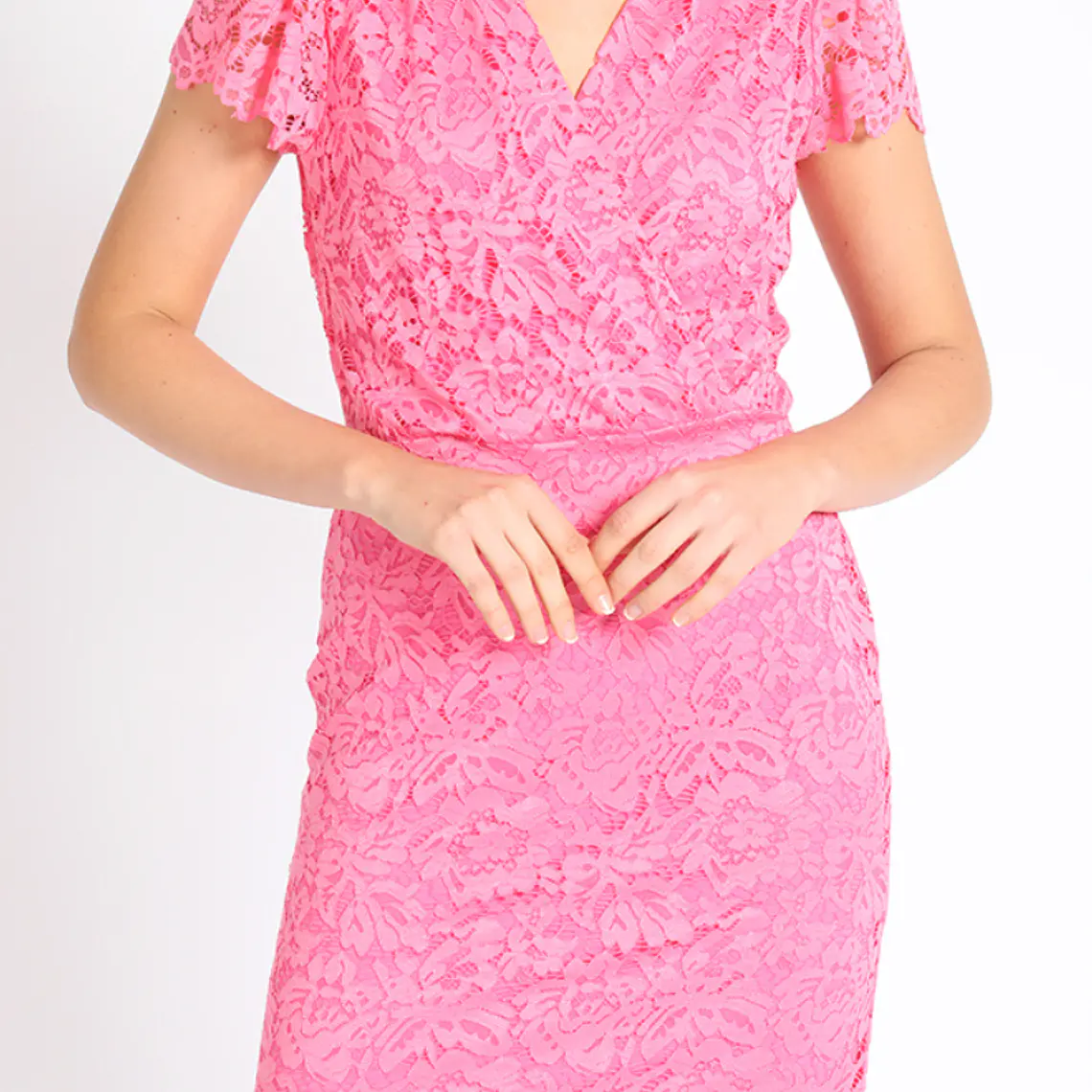 VESTIDO RODILLA MANGA CORTA CON CRUCE ENCAJE COLOR ROSA 3