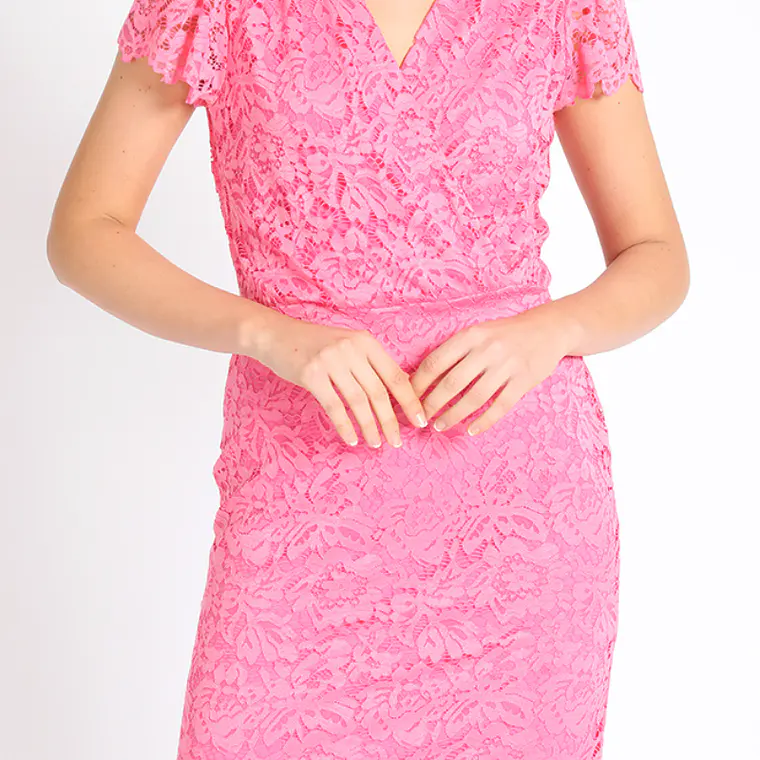 VESTIDO RODILLA MANGA CORTA CON CRUCE ENCAJE COLOR ROSA 3