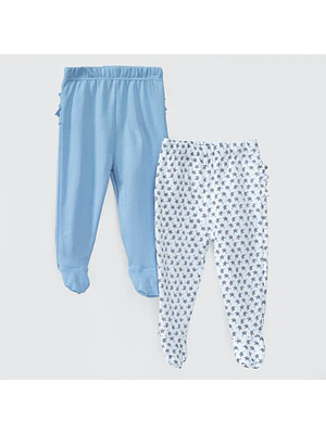 PACK PANTALONES BLANCO CELESTE HOJAS ALGODÓN PERUANO (RN a 24 MESES)