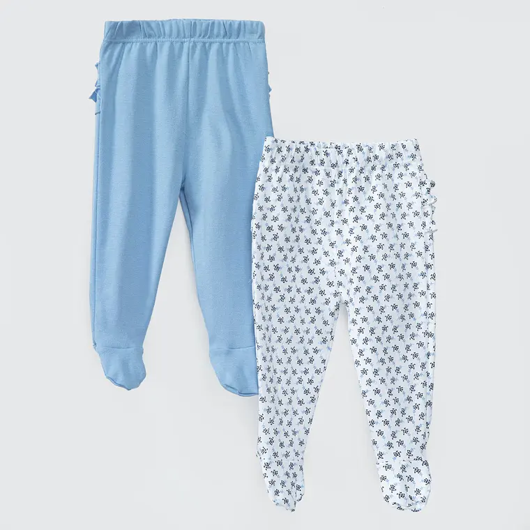 PACK PANTALONES BLANCO CELESTE HOJAS ALGODÓN PERUANO (RN a 24 MESES) 1