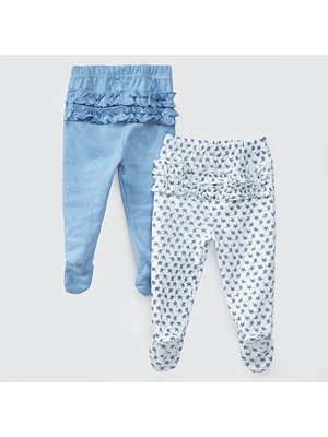 PACK PANTALONES BLANCO CELESTE HOJAS ALGODÓN PERUANO (RN a 24 MESES)