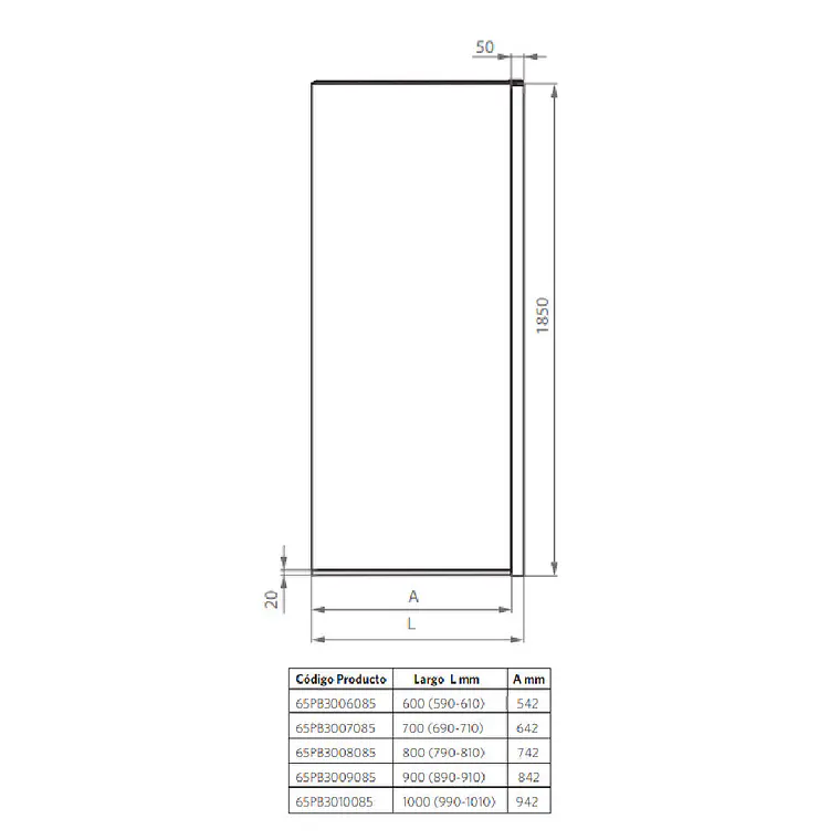 MAMPARA HOJA FIJA  AJUSTE +/- 1 CM CROMADA 8 MM SIN SC 70 X 185 CM. 3