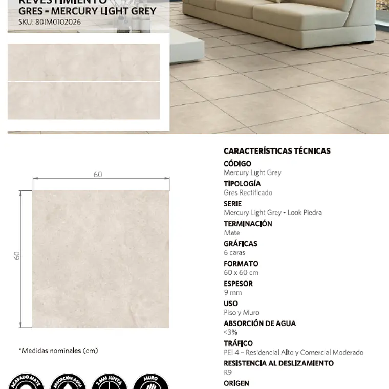 CAJA 1,44 m2 MERCURY LIGHT GREY MATT GRES MATE 60X60 RT ($8.236/m2) 2