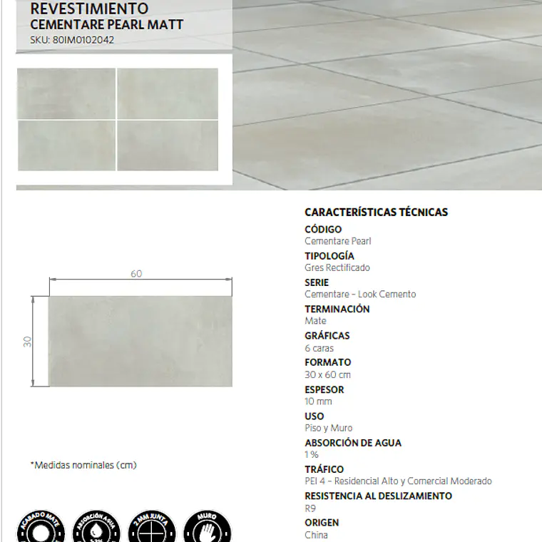 CAJA 1,44 m2 CEMENTARE PEARL MATT GRES MATE 30X60 RT/($9.715/m2)  2