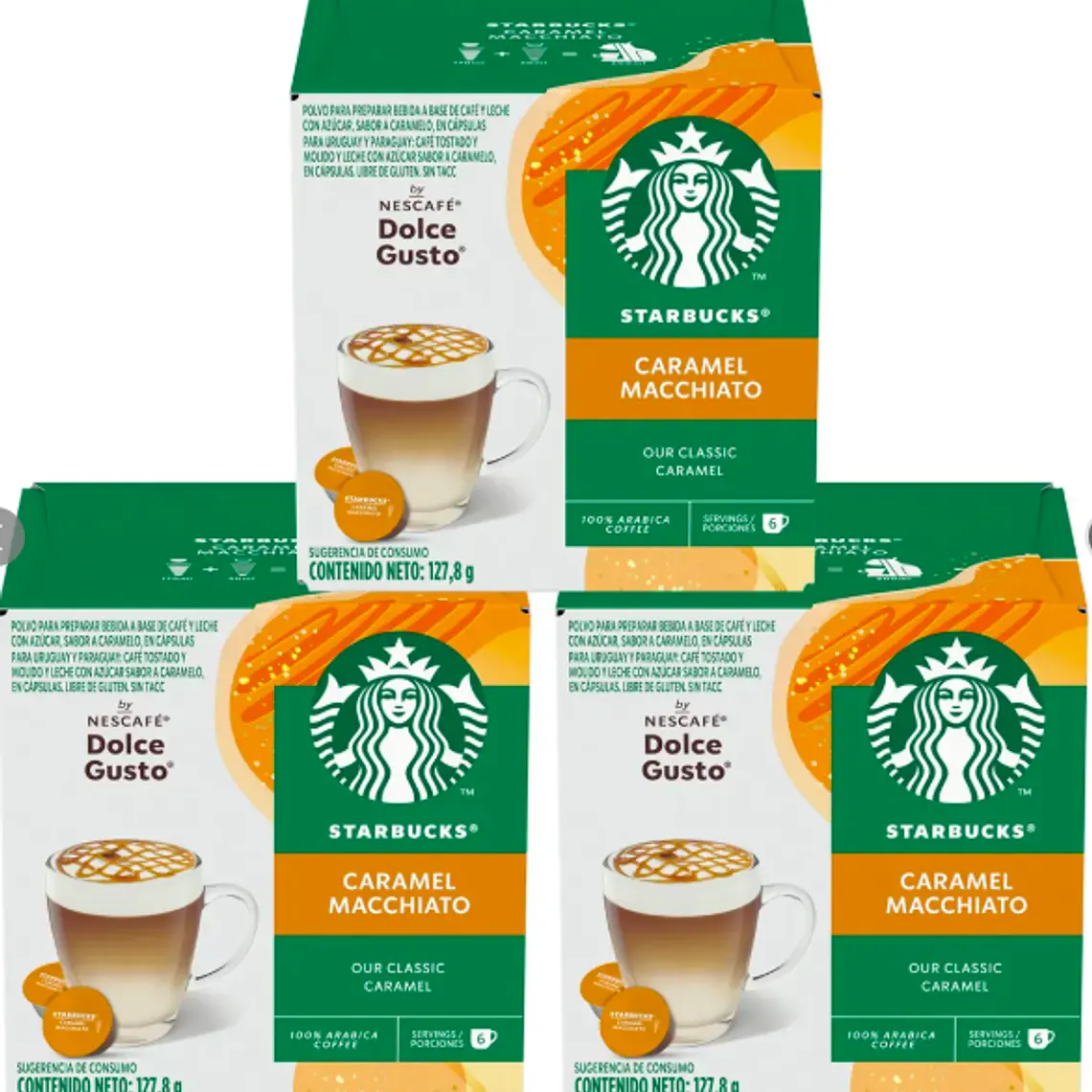 PACK 3 CAJAS (36 CÁPSULAS) STARBUCKS DOLCE GUSTO CARAMEL MACCHIATO - $5.663 POR CAJA (VENCE: 30-06-26) 1