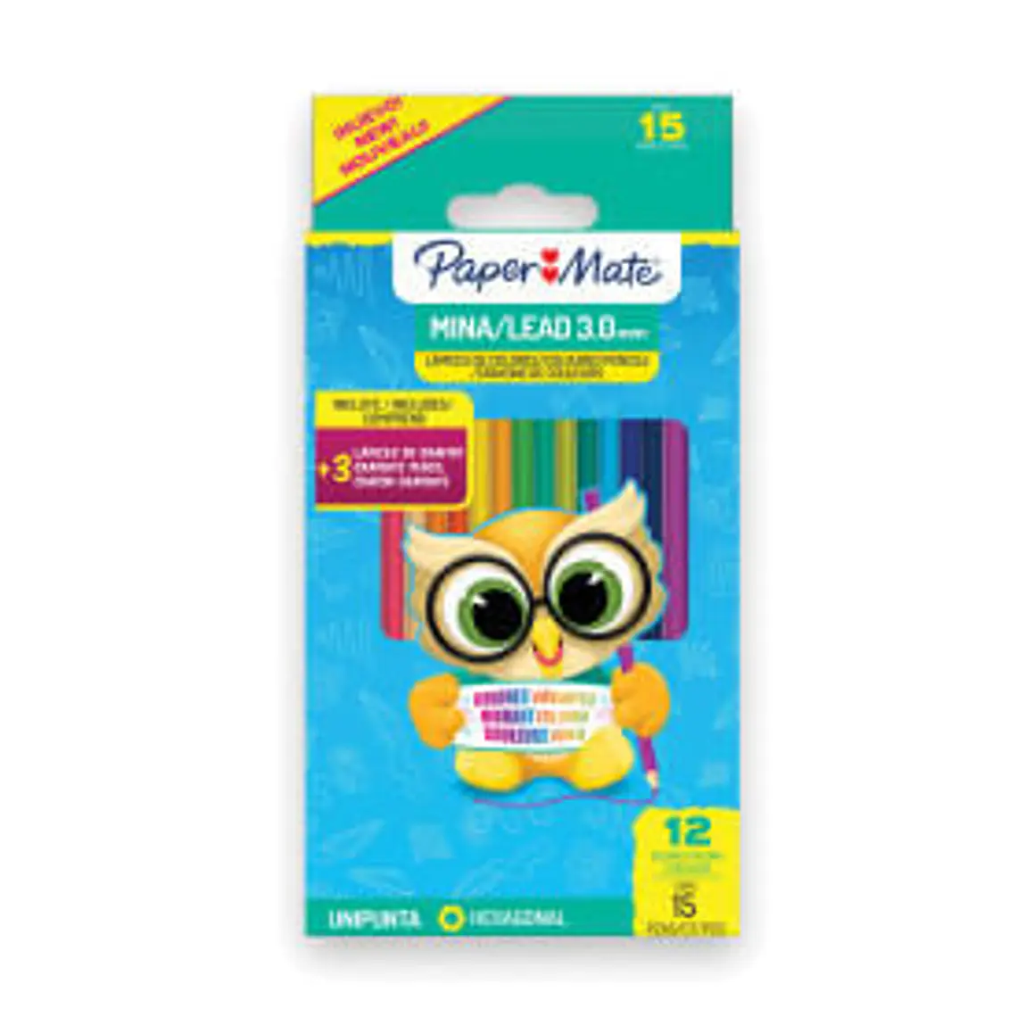 LAPICES DE COLOR HEXAGONALES CAJA 12 + 3 GRAFITOS PAPERMATE  1