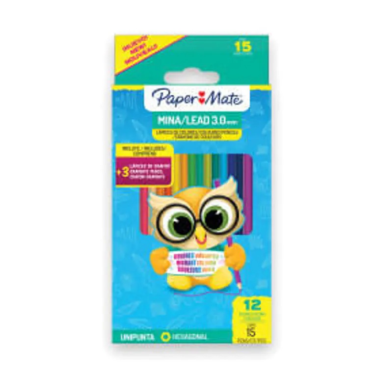 LAPICES DE COLOR HEXAGONALES CAJA 12 + 3 GRAFITOS PAPERMATE  1