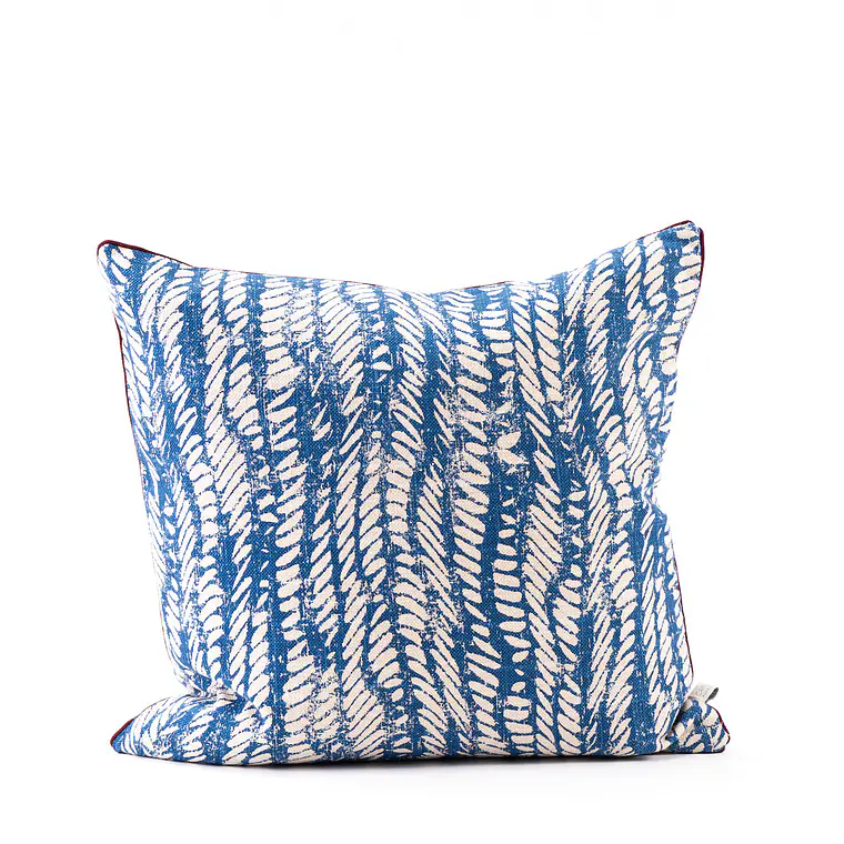 COJÍN - LINO BEIGE HOJAS AZULES VIVO CREMA (50 X 50 CM) 1