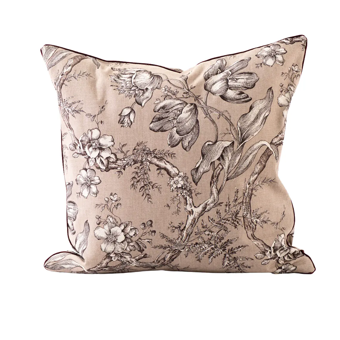 COJIN - LINO FLORES GRISES BEIGE VIVO BURDEO (50 X 50 CM) 1