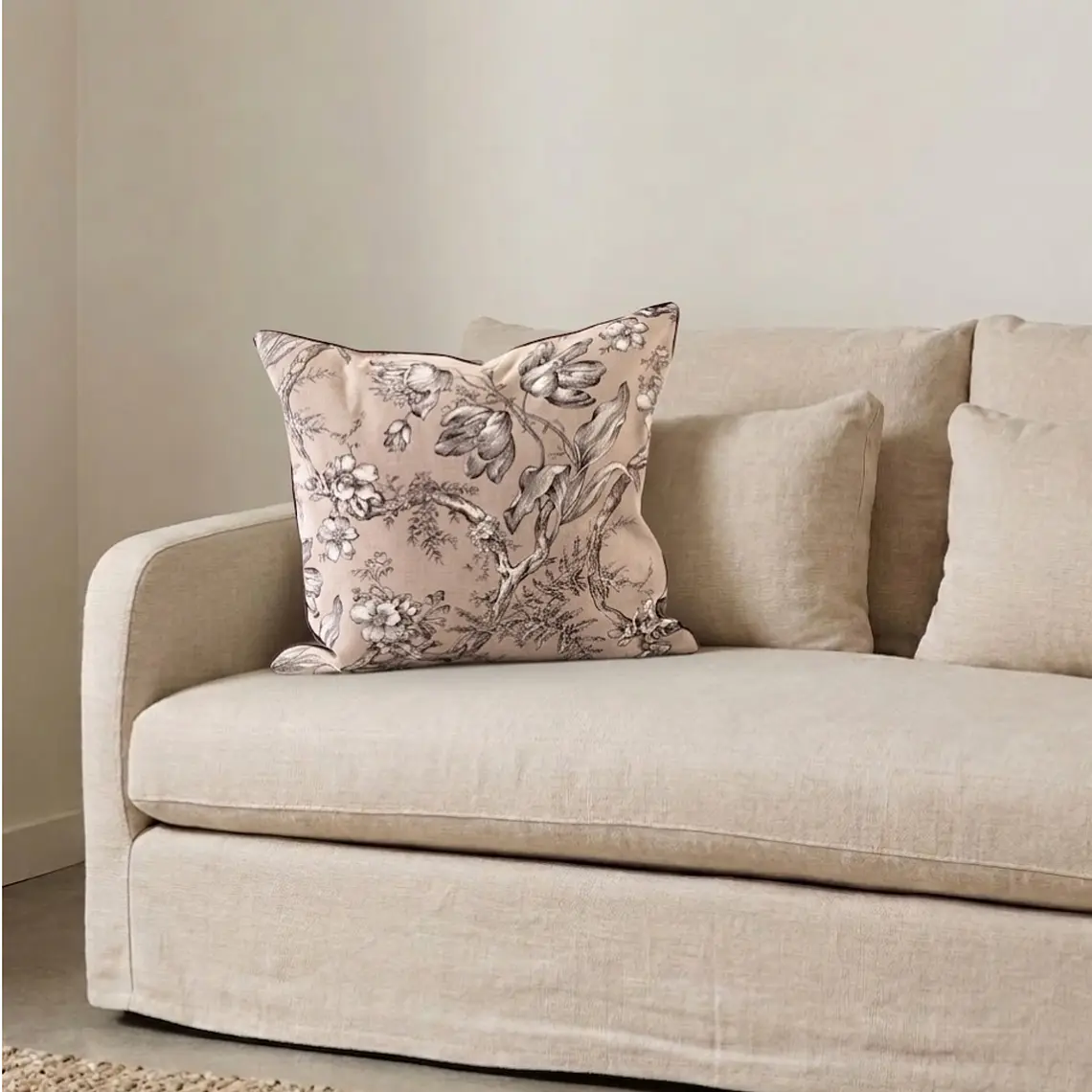 COJIN - LINO FLORES GRISES BEIGE VIVO BURDEO (50 X 50 CM) 2