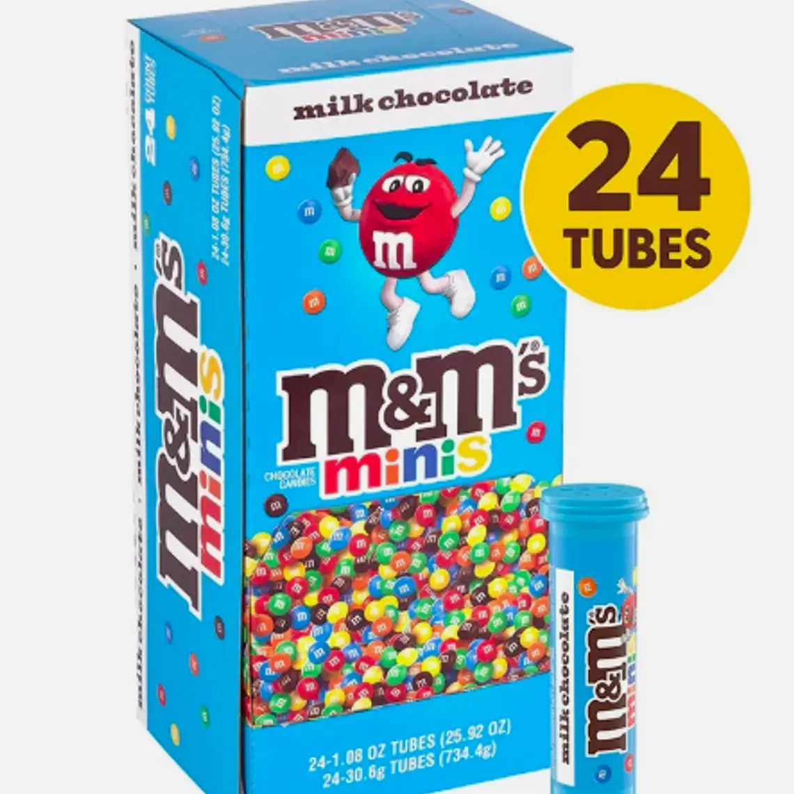 DISPLAY 24 UNIDADES CHOCOLATES M&M'S MINI TUBO 31 G | $833 POR UNIDAD | VENCE: 14/11/2026 2