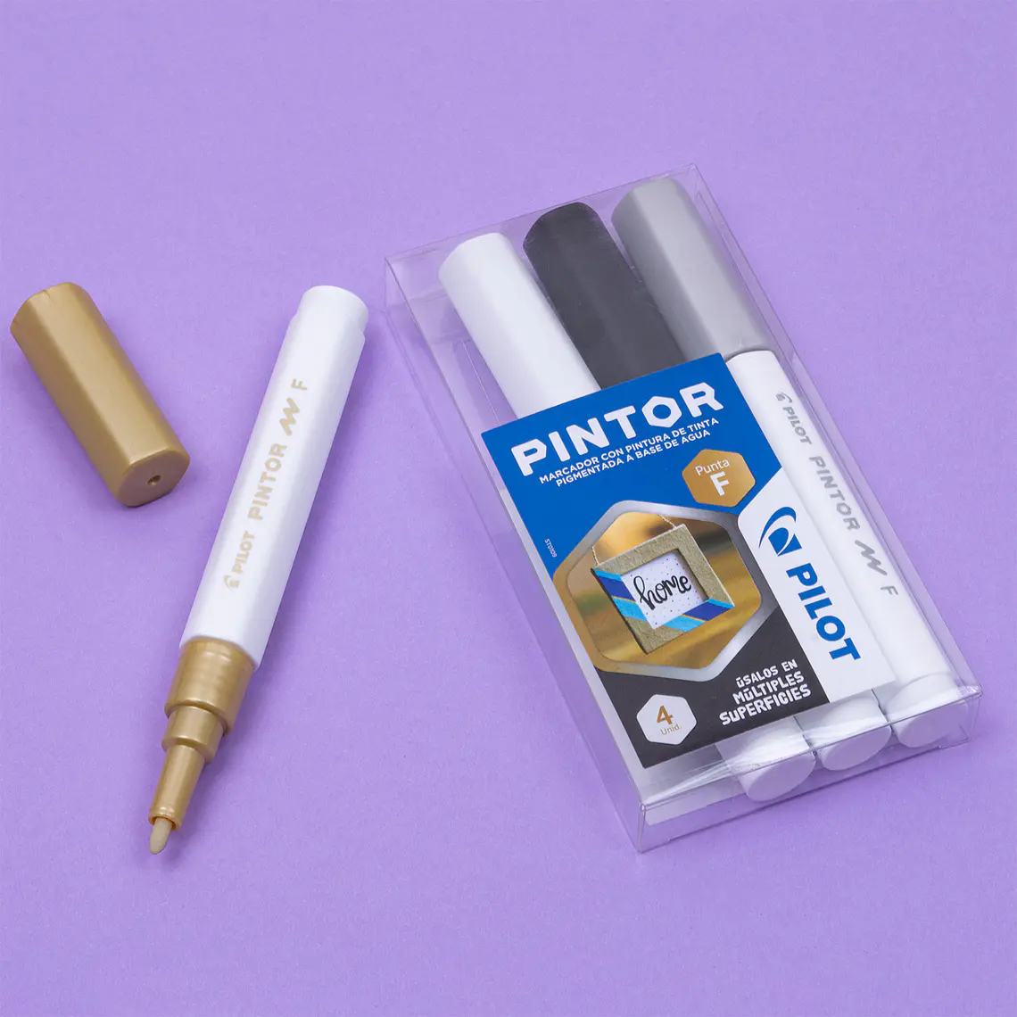 PINTOR SET BLANCO, NEGRO, DORADO, PLATEADO PUNTA FINA (4 UNIDADES) 5