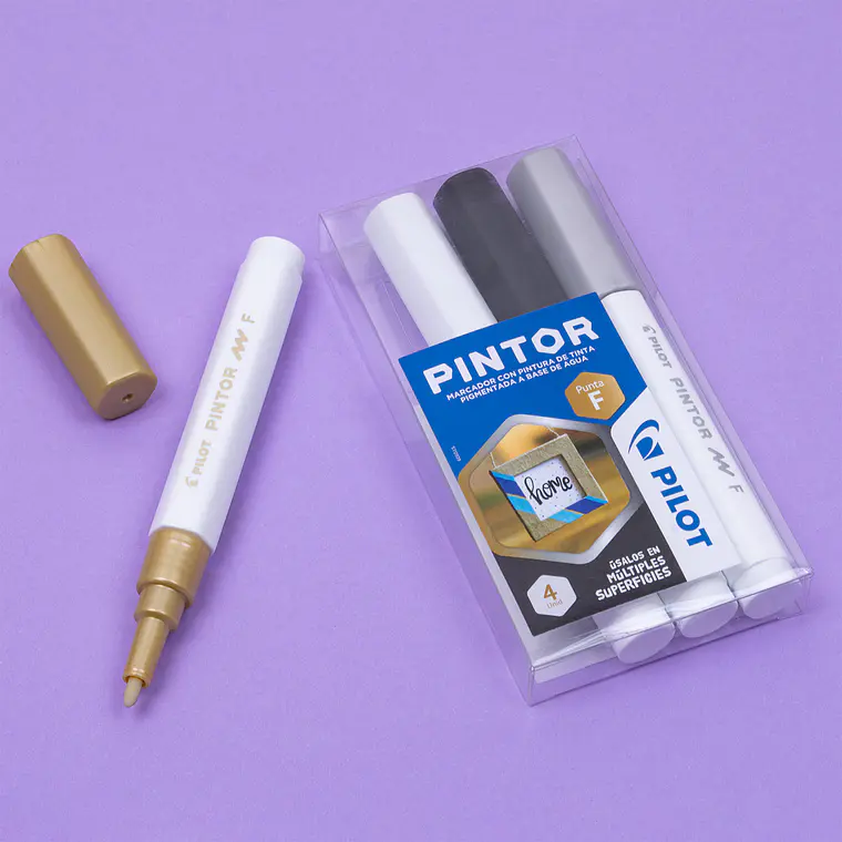 PINTOR SET BLANCO, NEGRO, DORADO, PLATEADO PUNTA FINA (4 UNIDADES) 5