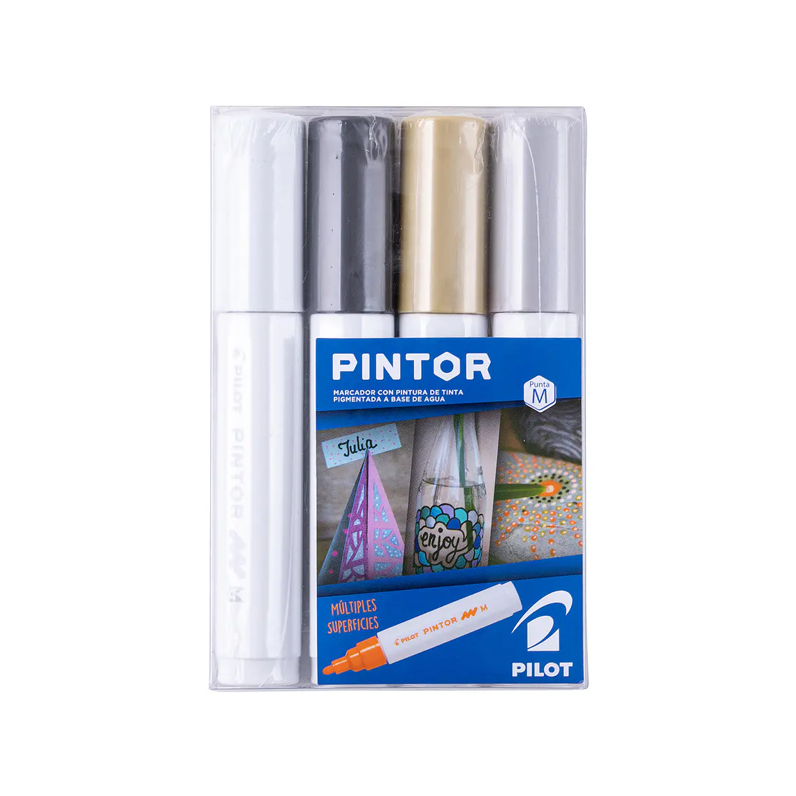 PINTOR SET BLANCO, NEGRO, DORADO, PLATEADO PUNTA MEDIA (4 UNIDADES) 1