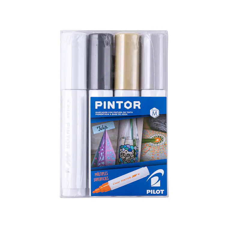 PINTOR SET BLANCO, NEGRO, DORADO, PLATEADO PUNTA MEDIA (4 UNIDADES) 1