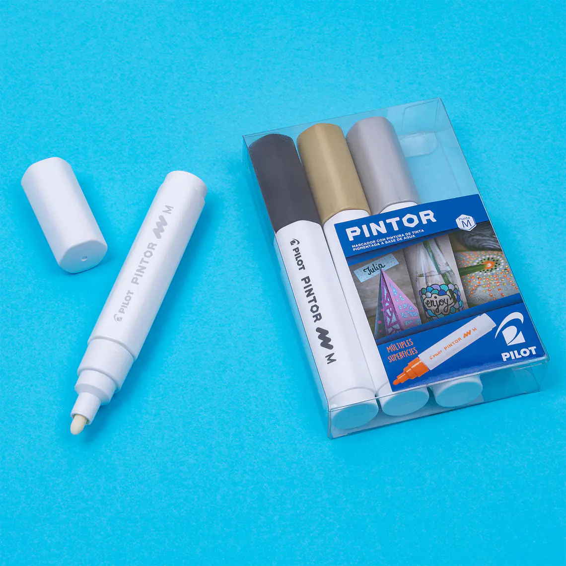 PINTOR SET BLANCO, NEGRO, DORADO, PLATEADO PUNTA MEDIA (4 UNIDADES) 5