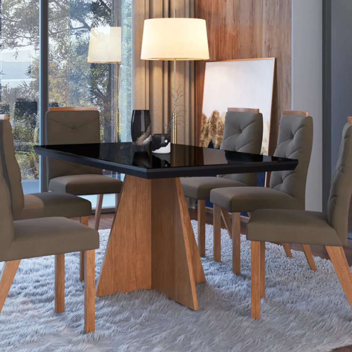 COMEDOR CRUZ VIDRIO NEGRO CON 6 SILLAS JOLI MARRÓN (160 X 90 X 78 CM) 2