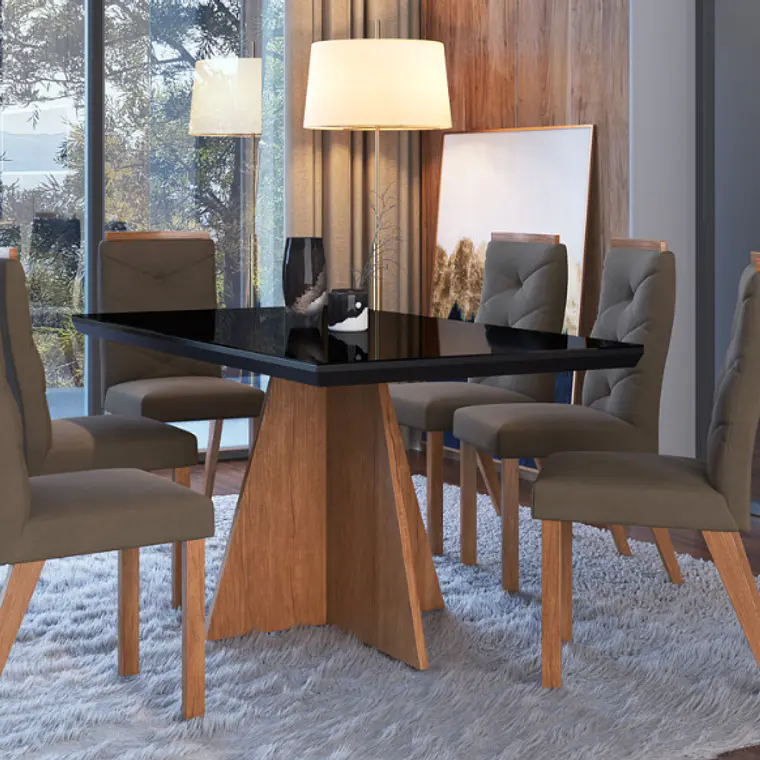 COMEDOR CRUZ VIDRIO NEGRO CON 6 SILLAS JOLI MARRÓN (160 X 90 X 78 CM) 2