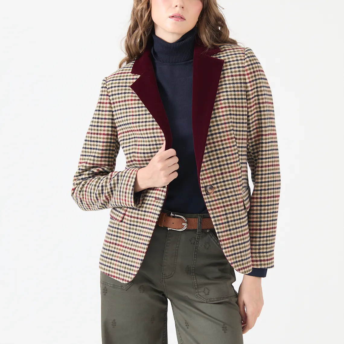CHAQUETA CUELLO SASTRE CON LANA CUADRILLE BEIGE (TALLA L) 2