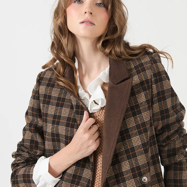 ABRIGO CUELLO SASTRE CON LANA CUADRILLE CAFÉ (TALLA M y L) 2