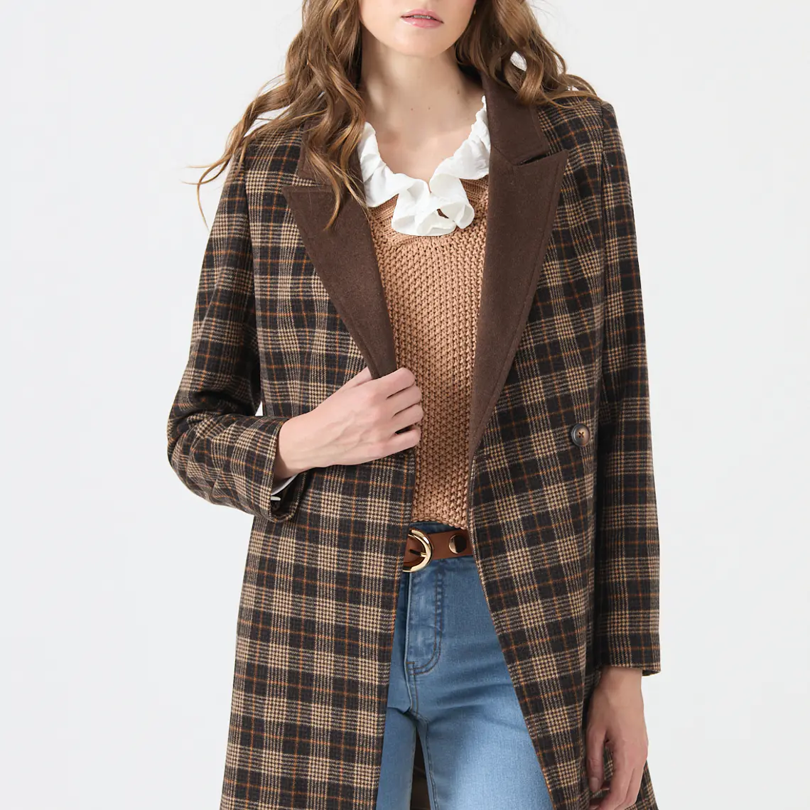 ABRIGO CUELLO SASTRE CON LANA CUADRILLE CAFÉ (TALLA M y L) 3