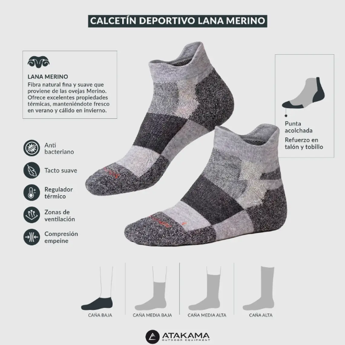 CALCETÍN DEPORTIVO LANA MERINO CORTO GRIS (TALLAS S/M y L/XL) 4