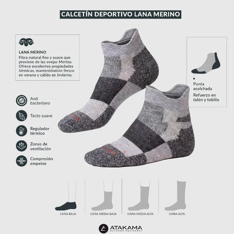 CALCETÍN DEPORTIVO LANA MERINO CORTO GRIS (TALLAS S/M y L/XL) 4