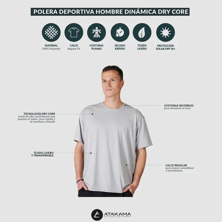 POLERA DEPORTIVA DRY CORE HOMBRE DINÁMICA GRIS (TALLAS S a XL)  5