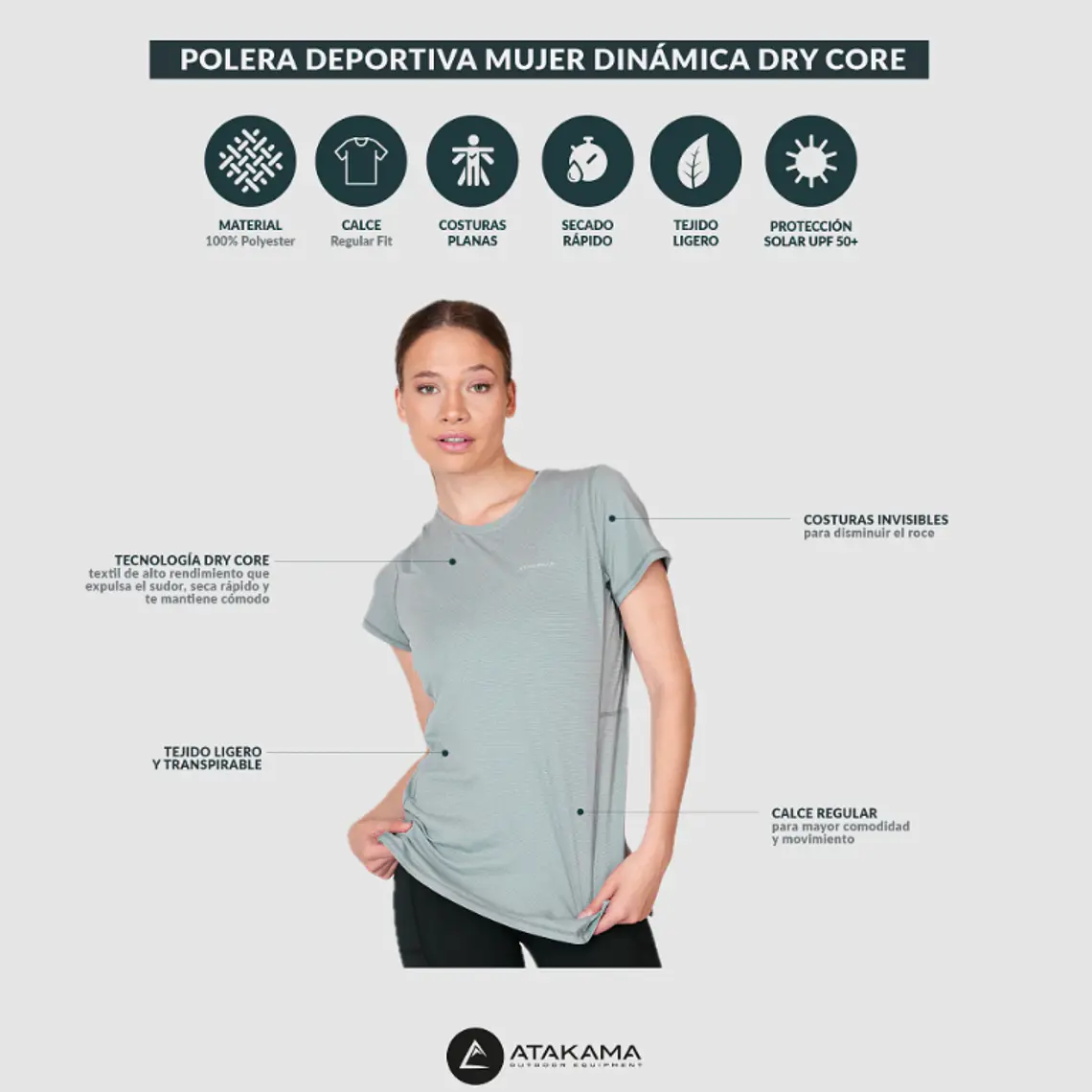 POLERA DEPORTIVA DRY CORE MUJER DINÁMICA GRIS (TALLAS XS a XL)  6