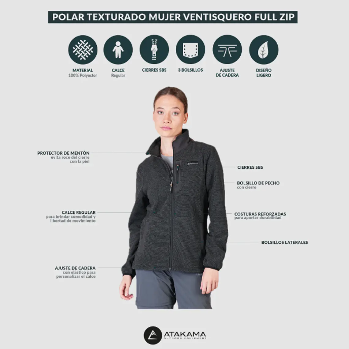 POLAR TEXTURADO FULL ZIP MUJER VENTISQUERO BEIGE (TALLAS XS a XL) 5