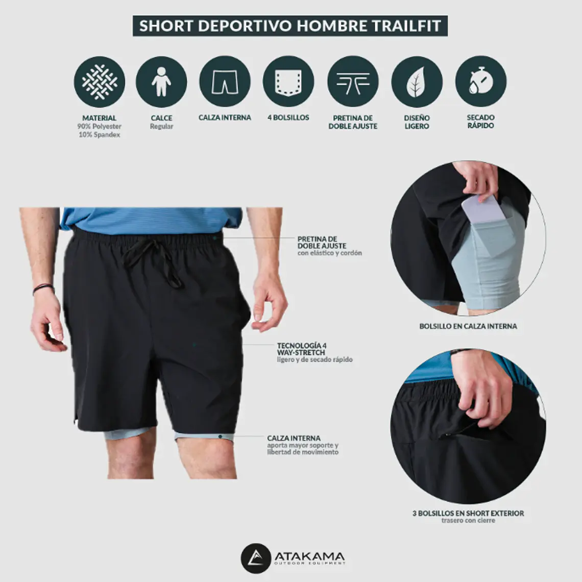 SHORT DEPORTIVO HOMBRE TRAILFIT NEGRO (TALLAS S a XL)  4