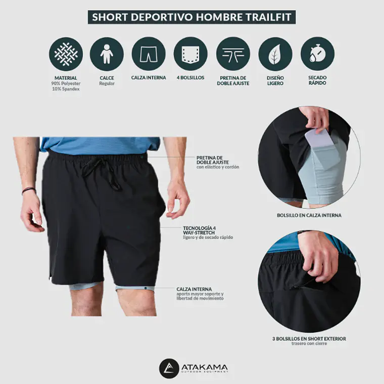 SHORT DEPORTIVO HOMBRE TRAILFIT NEGRO (TALLAS S a XL)  4