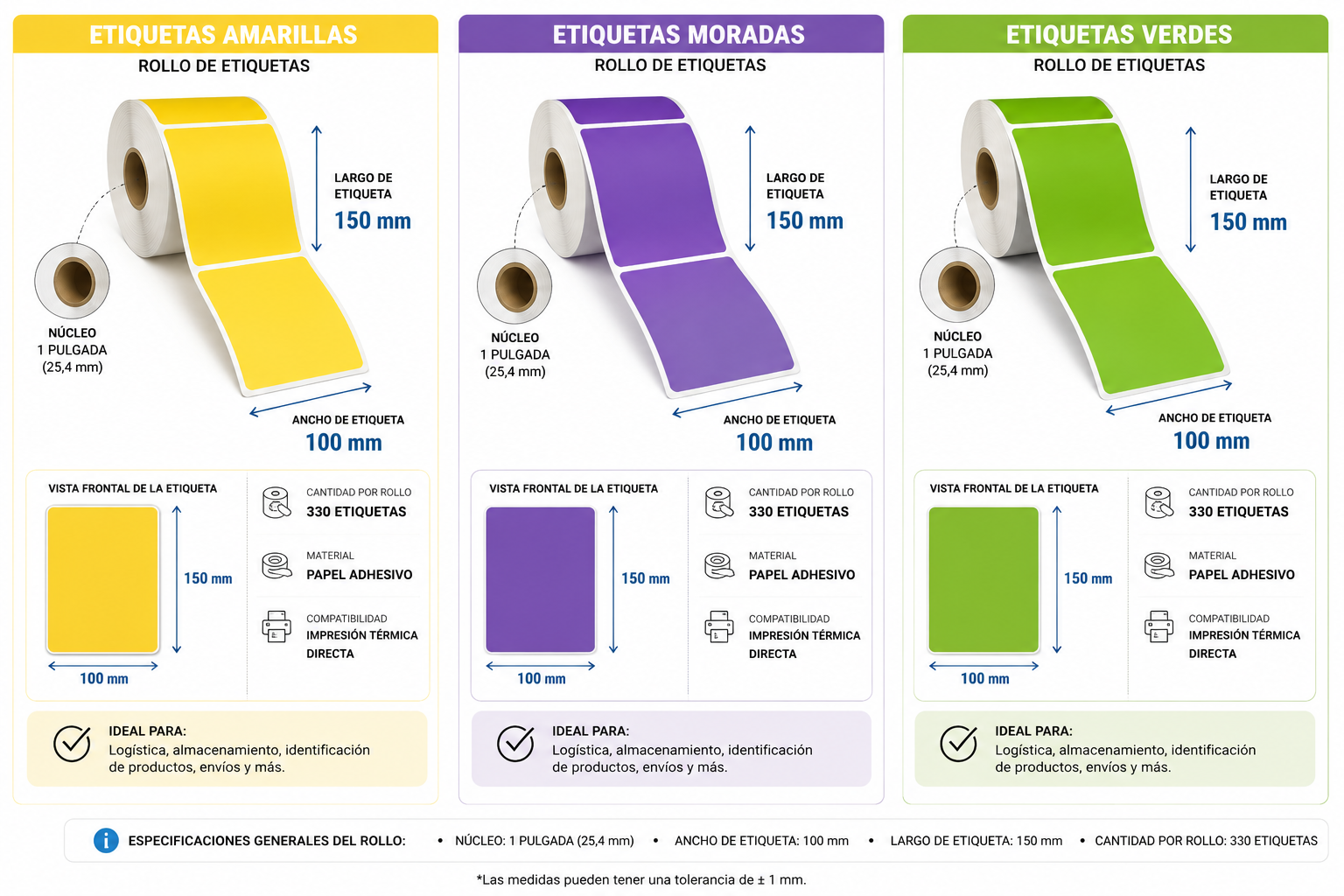 Etiquetas Térmicas 100 x 150 mm – 330 Etiquetas por Rollo- COLORES